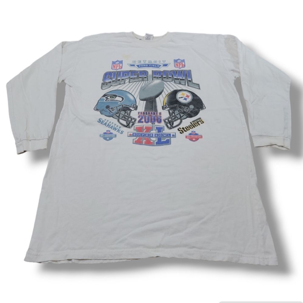 Vintage 2006 Super Bowl 40 Shirt Size XL Steelers Vs Seahawks Graphic Tee Flawed